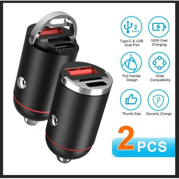 100W Type-C portable Vehicle Charger QC4.0 PD3.0 USB Fast Charging Adapter Dual Port Car Cigarette Lighter Compatible with iPhone14/13/12 IPad , 2 Pc