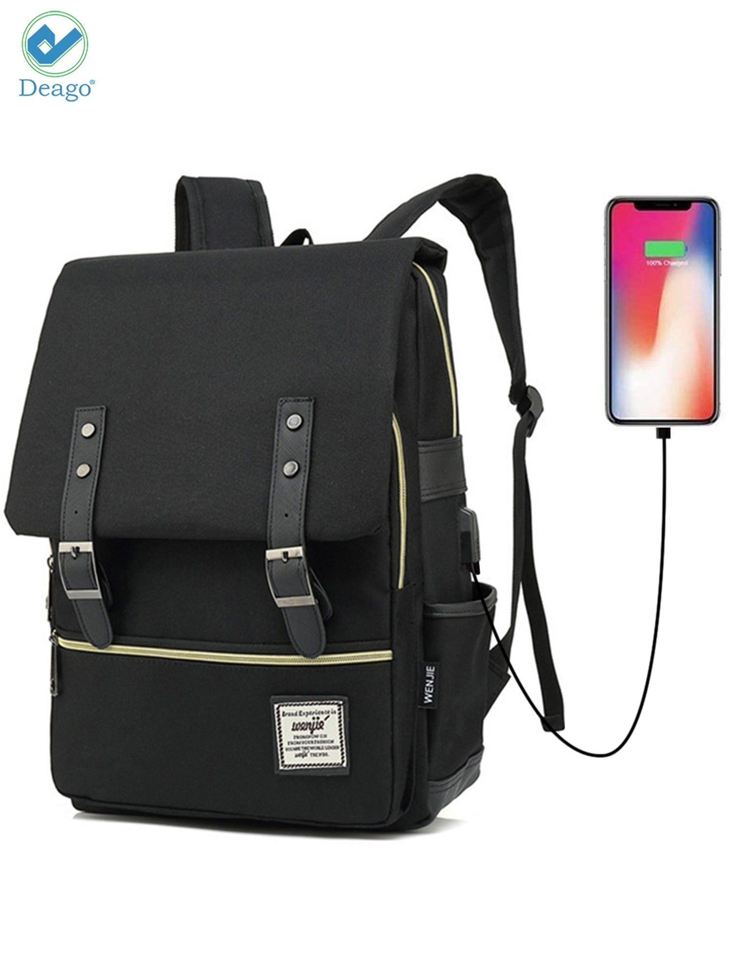 Deago Vintage Laptop Backpack For Women Men Travel Backpack with USB Charging Port Fashion Rucksack Fits 15.6" Notebook (Black)