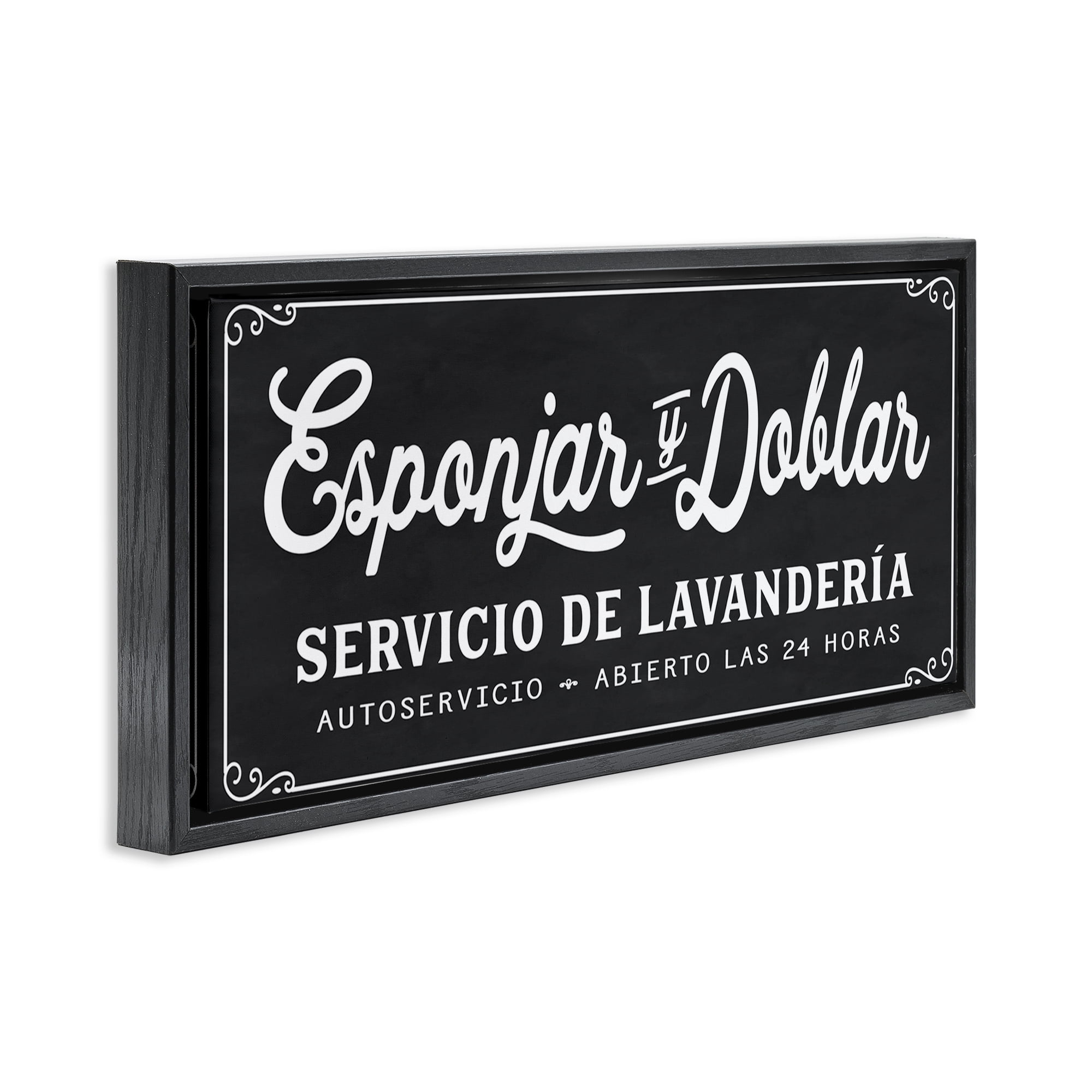 Stupell Industries Esponjar y Doblar Lavandería Bath & Laundry Painting Black Floater Framed Art Print Wall Art, 25 x 11