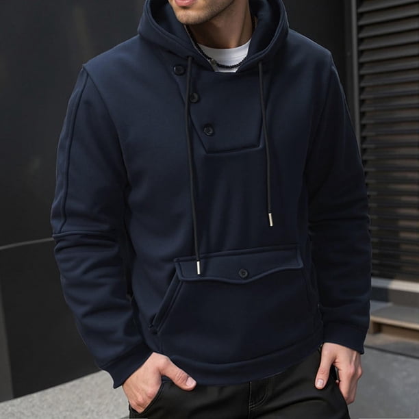 pstuiky camisa de manga larga para hombre, Sudadera con capucha y bolsillo de manga larga para hombre, informal, con botones y colores sólidos Tops de hombre m