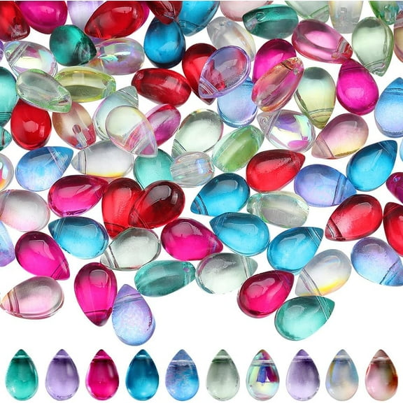 1 Box 150Pcs 10 Colors Glass Water Drop Beads Teardrop Bead Colorful Transparent Waterdrop Oval Crystal Loose Spacer Bead for Jewelry Making Bead Assortments DIY Crafts Bracelet Necklaces