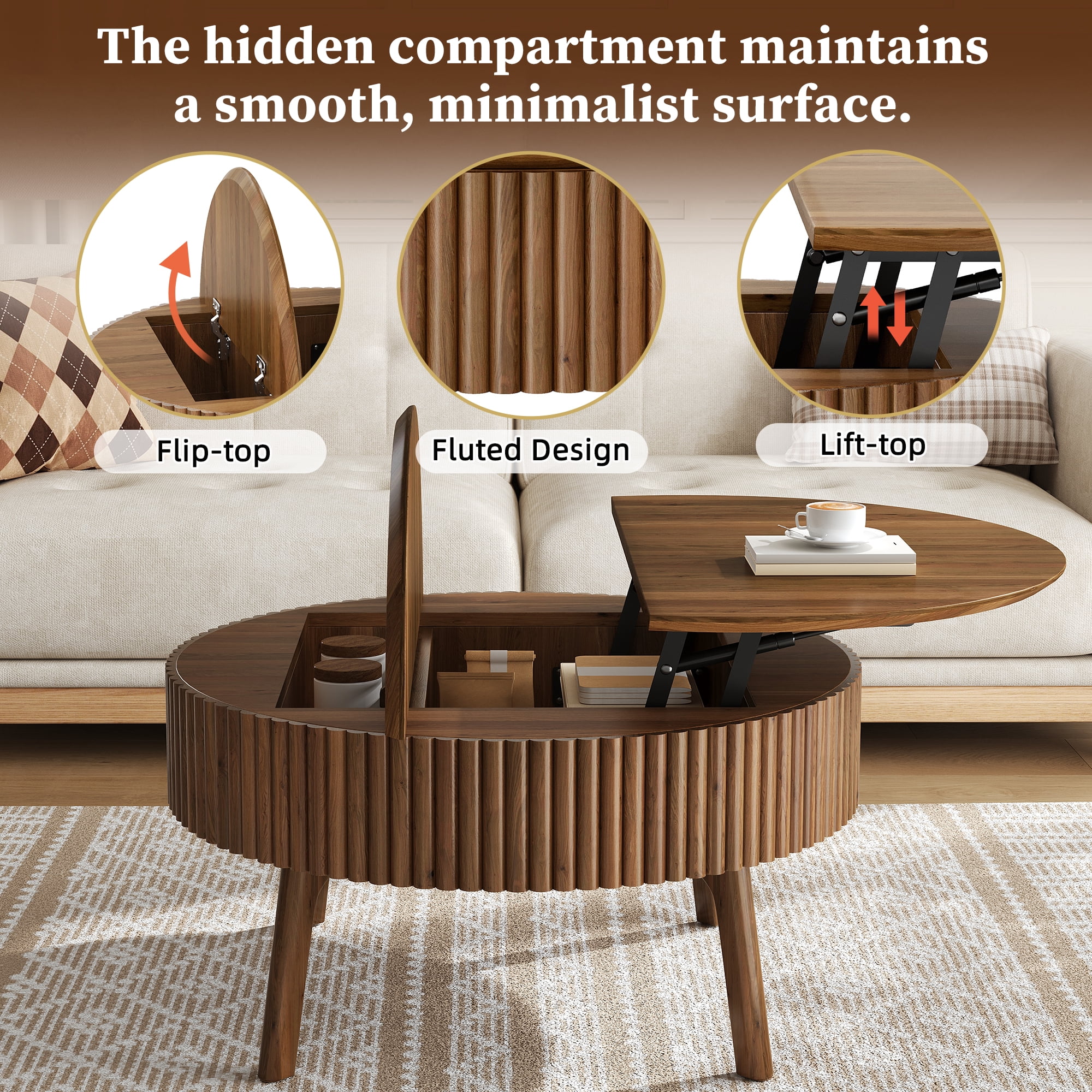 30.3-Inch Round Lift-Top Coffee Table with Half Flip-Top and Hidden Storage, Mid-Century Fluted Wood Center Table and Side Table for Living Room, Walnut