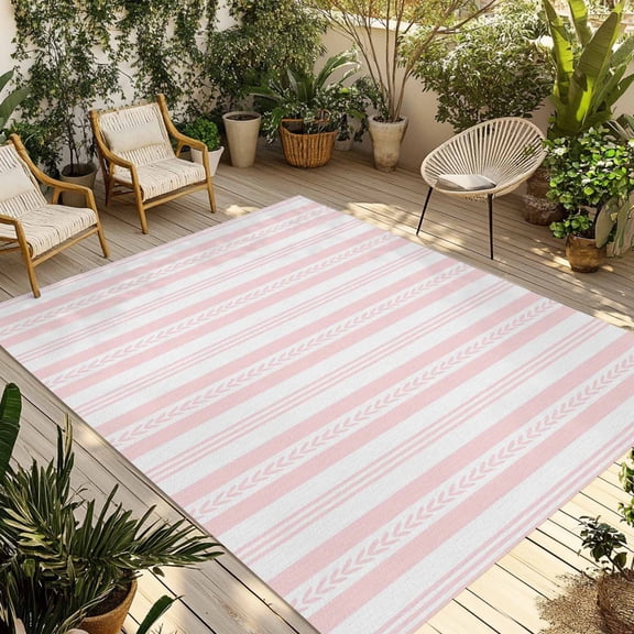 Farmhouse Pink Stripe Outdoor Area Rug 3x5ft Decorative Indoor Outdoor Rug Minimalist Summer Wheat Patio Area Rug for Porch, Deck, Balcony, Entryway, Camping & RV