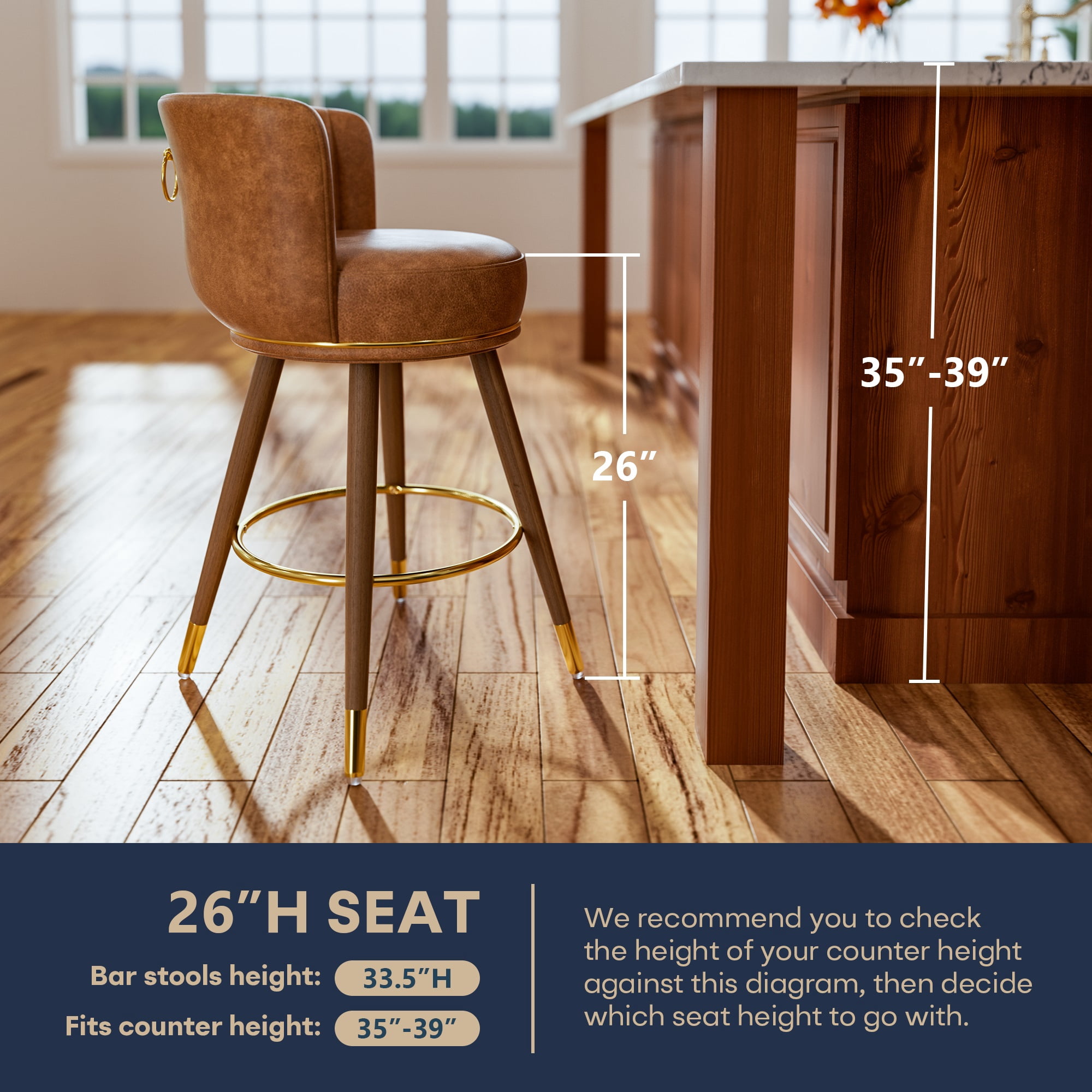 Ninecer Counter Height Bar Stools Set of 4, 26 Inch Swivel PU Leather Bar Chairs with Back and Footrest, Round Low Back Barstools for Kitchen Island Dining Room, Brown