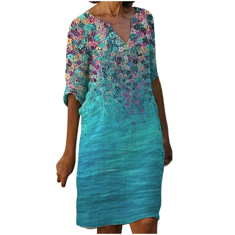 3/4 Sleeve Print Knee Length V Neck Shift Dresses 3/4 Sleeve Print Knee Length V Neck Shift Dresses