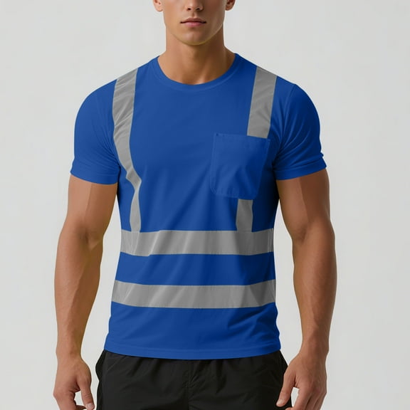 Abomasnow High Visibility Safety T Shirts Short Sleeve Class 2 Hi Vis Reflective Construction Work Shirts with Reflective Strips and Front Pocket Blue, L