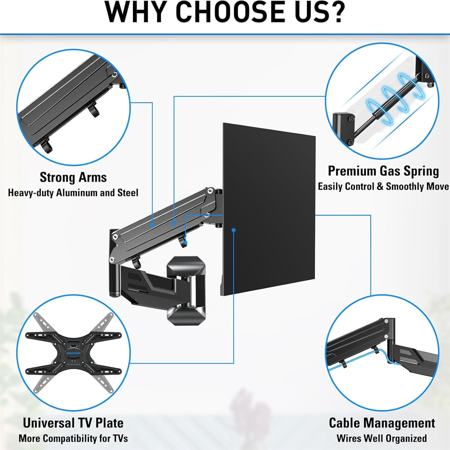 Height Adjustable TV Wall Mount for 26-55 Inch TVs, Gas Spring Full Motion Articulating TV Bracket with Smooth Swivel Tilt &  Corner Installation