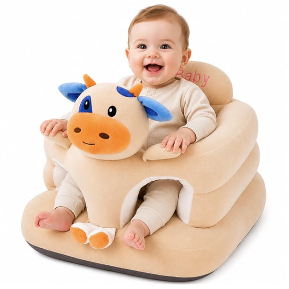 Blublu Park Baby Floor Seat, Sit-Me-Up Support Chair for Infants 3-24 Months, Plush Animal Seat, Brown Cow & Blue