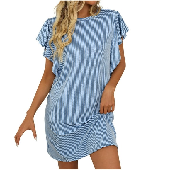 Staron Clearance Summer Dresses for Women 2025 Ruffle Sleeve Striped Dresses Party Beach Flowy Tunic Crew Neck A-Line Midi Dress Sky Blue L