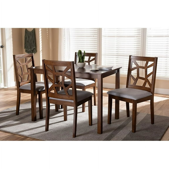 Baxton Studio Abilene Mid-Century Walnut Finished and Grey Fabric Upholstered 5-Piece Dining Set