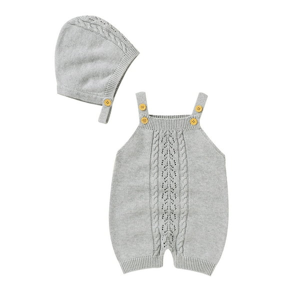 Generic Baby Boys Knitted Tops Baby Knit Romper Cotton Sleeveless Boy Girl Sweater Clothes Jumpsuit 1 Piece with Hat Caps Outfits Set
