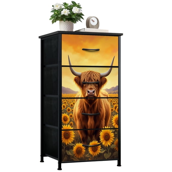 Rustic Dresser for Bedroom with 4 Storage Drawers Highland Cow Surrounded by Sunflowers Golden Sunset Landscape Dressers Chest of Drawers Steel Framed Fabric Closet Organizers for Dorm Entryway