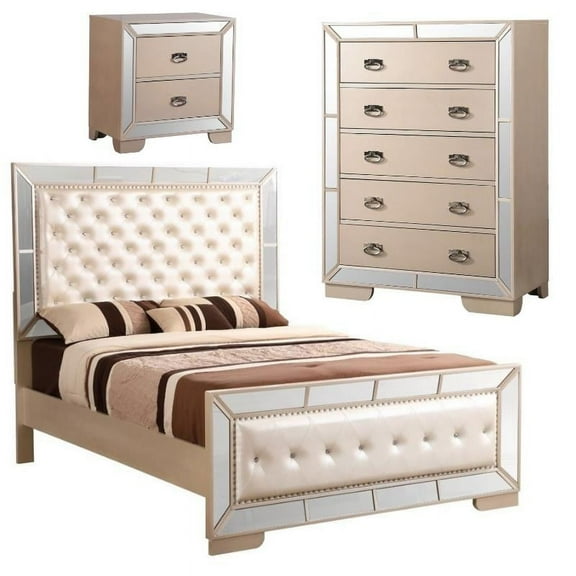 Home Square 3-Piece Set with Queen Panel Bed Chest and Nightstand in Pearl