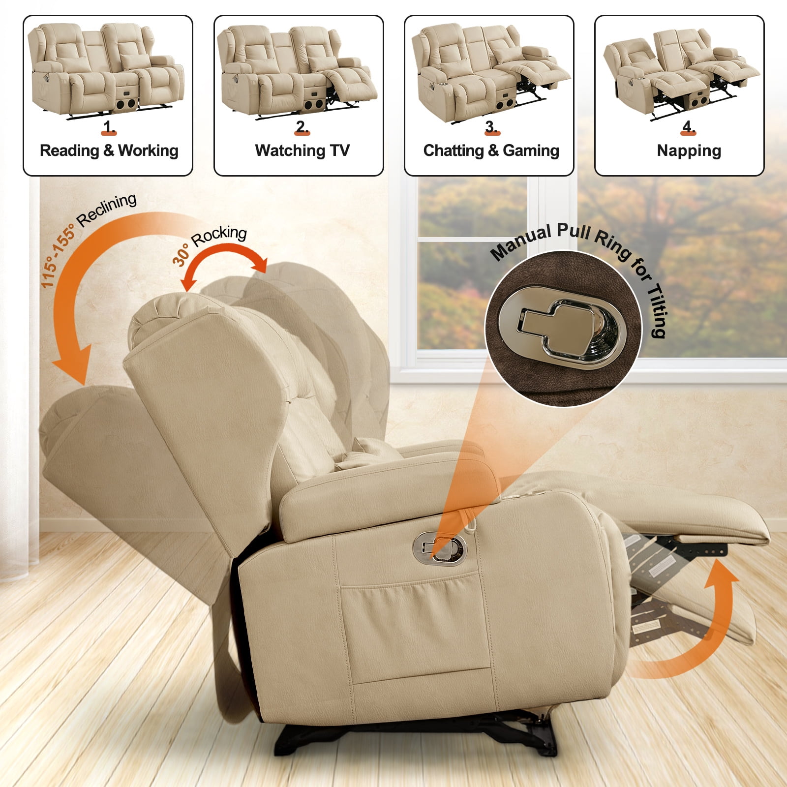 IPKIG 67.7" Manual Double Recliner Loveseat Sofa with Console, Cup Holders, Bluetooth Speakers, USB Ports & AC Outlets, Leathaire Beige