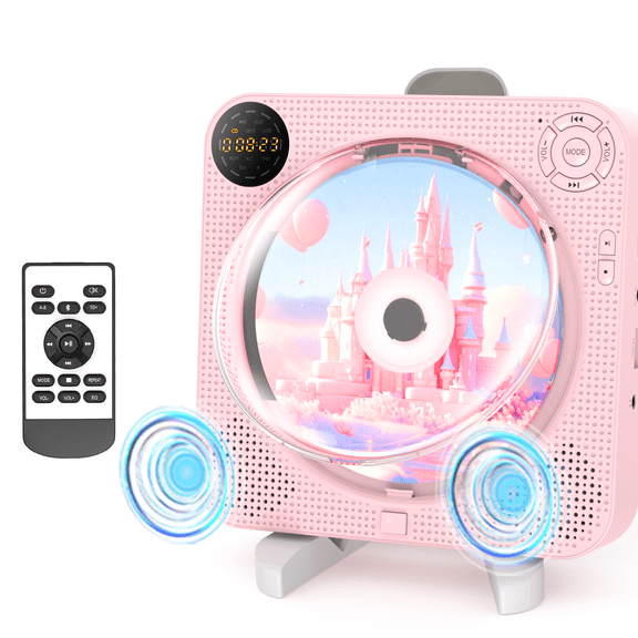Portable Bluetooth CD Player with Speakers - Small Wall CD Player for Home with Remote Control FM Radio Digital Screen Headphone Jack,Support AUX in Cable&USB