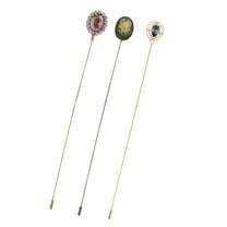 Antique Golden Tone Vintage Green Cameo Floral Rose And Amber Crystal And Teardrop Rhinestone Hat Pin Long Handle Stick Lapel Pins Pack of 3