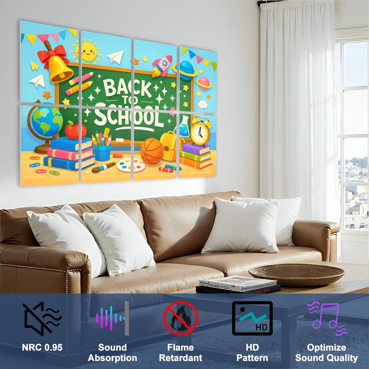Classroom 8 Pack Art Acoustic Panels Sound Absorbing Back to School Chalkboard Colorful Classroom Supplies Cartoon Decorative Soundproof Wall Panels Self Adhesive for Nursery Kids Game Room 48"x32"