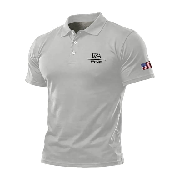 Homeyce Men's Polo Shirts 250 Years Of Liberty American Flag Graphic Golf Shirts Collared Button 4th Of July Polo Shirt Short Sleeve Independence Day Men's Independence Day Golf Shirts,Gray 2XL