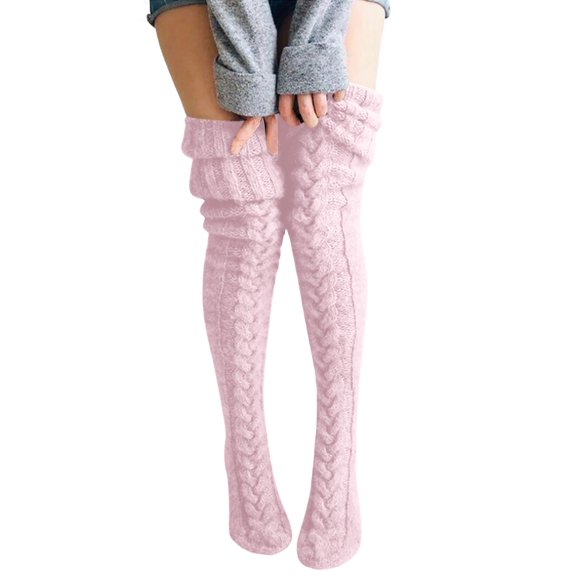 Over the Knee Cable Knit Socks for Women,Warm Long Boot Stockings with Thick Texture for Fall and Winter Fashion Wear Light pink