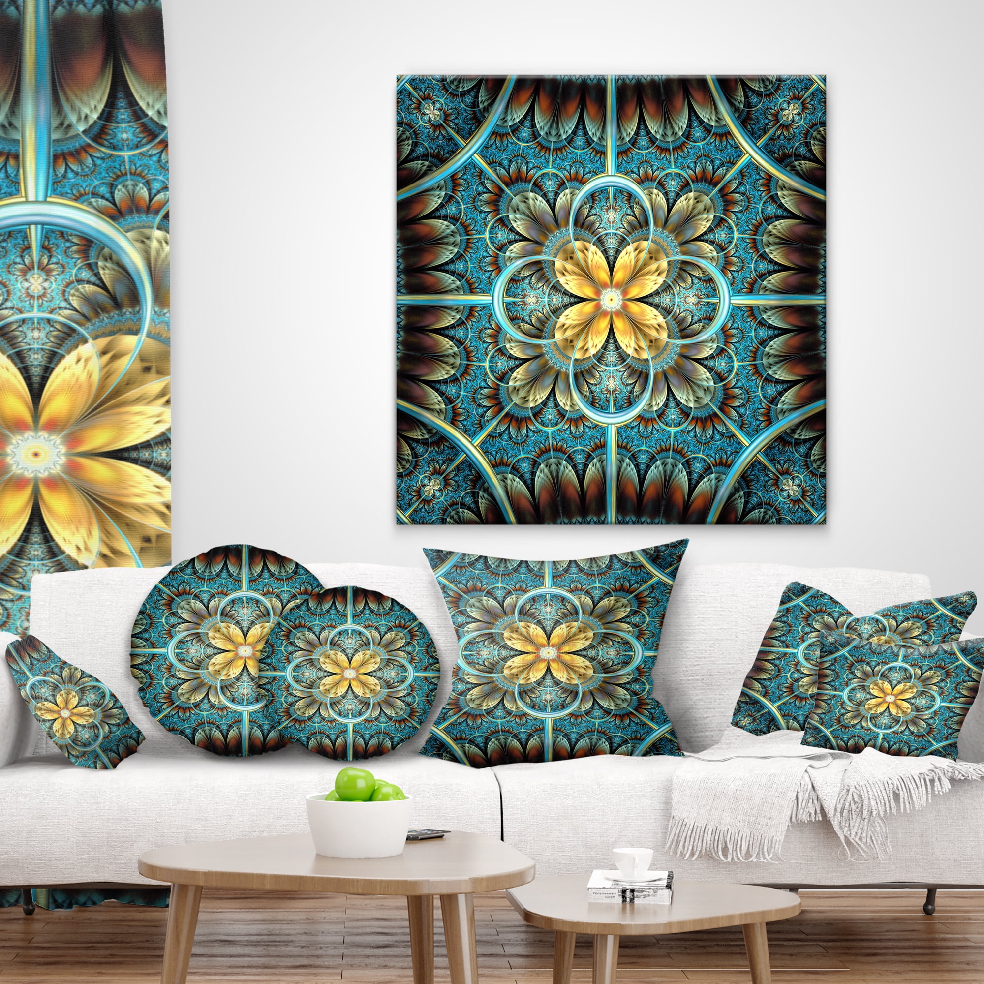 Designart 16" x 16" Contemporary and Modern Blue Fractal and Flower Polyester Throw Pillow