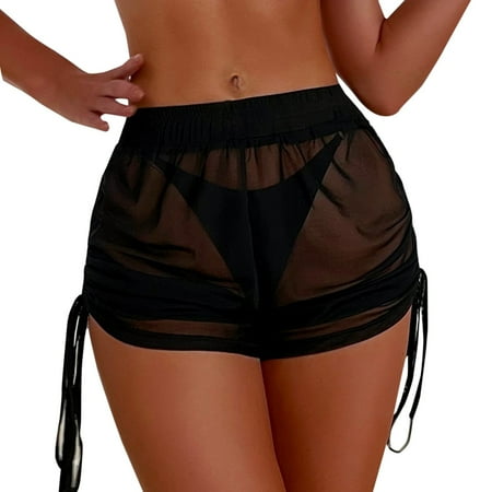 Kcodviy Women Side Drawstring Mesh Cover Up Shorts Beach Cover Up Beach Wrap Bikini Wraps Cover Ups For Swimwear Ruffle Pants Beach Dresses For Women Cover Up Bathing Suit Cover Ups For Women Plus Siz