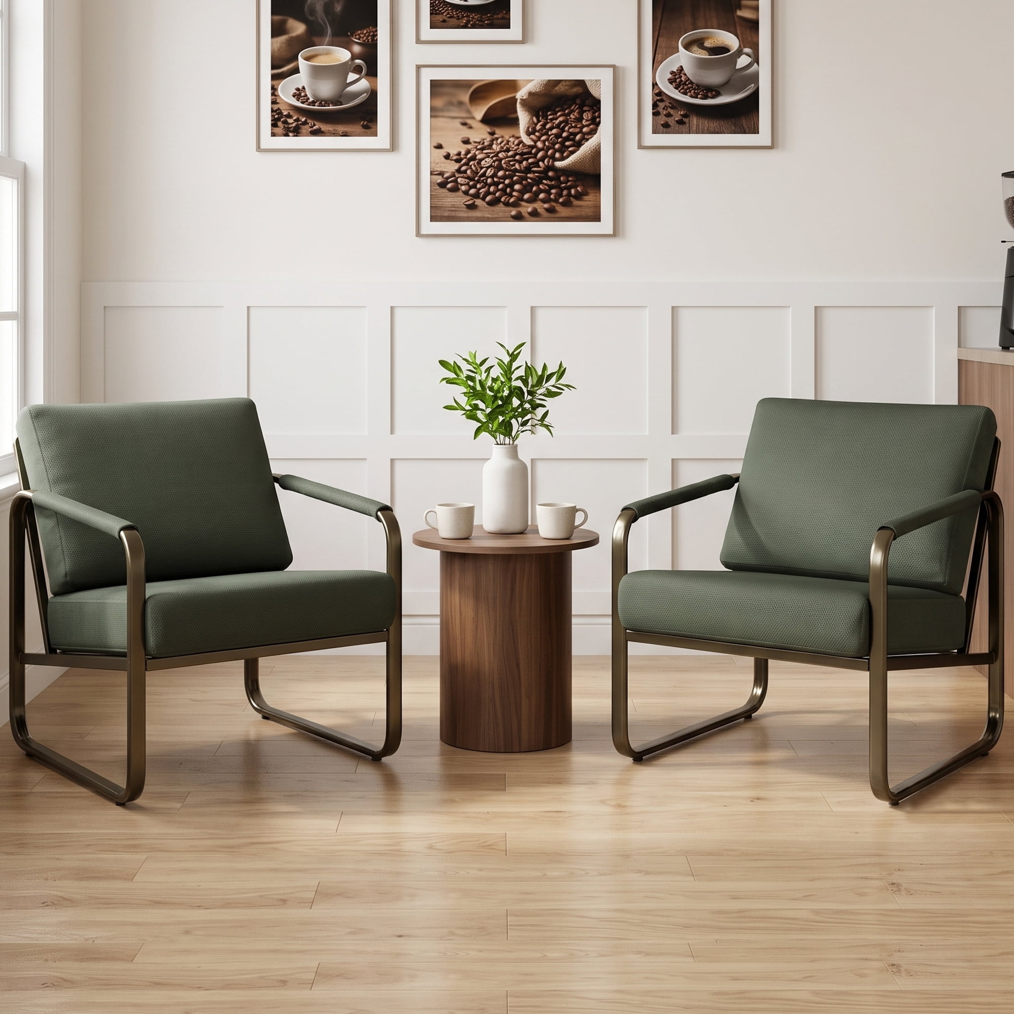 Prilinex Mid-Century Accent Chairs Set of 2, Metal Framed Armchair with Wide Cushion & Backrest, Fabric Living Room Chair for Bedroom Waiting Room, Dark Green