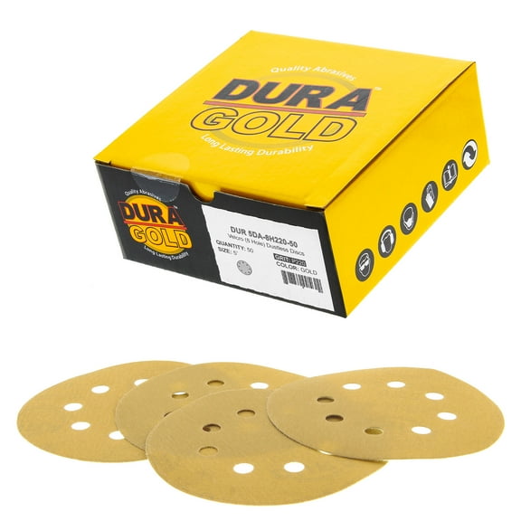 Dura-Gold Premium 5" Gold Sanding Discs - 220 Grit (Box of 50) - 8 Hole Pattern Dustless Hook & Loop Backing Sandpaper for DA Sanders, Aluminum Oxide Abrasive - Sand Auto Paint, Woodworking Wood