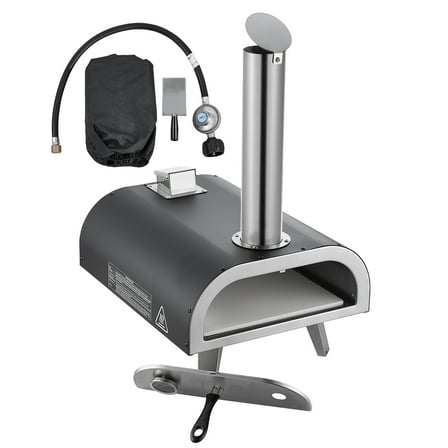 KFFKFF Dual Fuel Outdoor Pizza Oven, 12-inch Wood and Gas Pizza Cooker, Portable Pellet and Propane Oven with Thermometer, Durable Black Iron Shell for Camping and Backyard Use