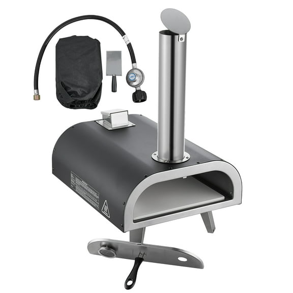 KFFKFF Dual Fuel Outdoor Pizza Oven, 12-inch Wood and Gas Pizza Cooker, Portable Pellet and Propane Oven with Thermometer, Durable Black Iron Shell for Camping and Backyard Use