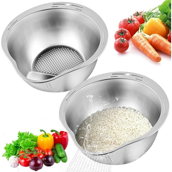 2 Pcs Rice Washing Bowls with Strainer, Dingrich Stainless Steel Colander Beans Washing Basket Kitchen Strainer with Side Drainers for Rice, Vegetables & Fruit
