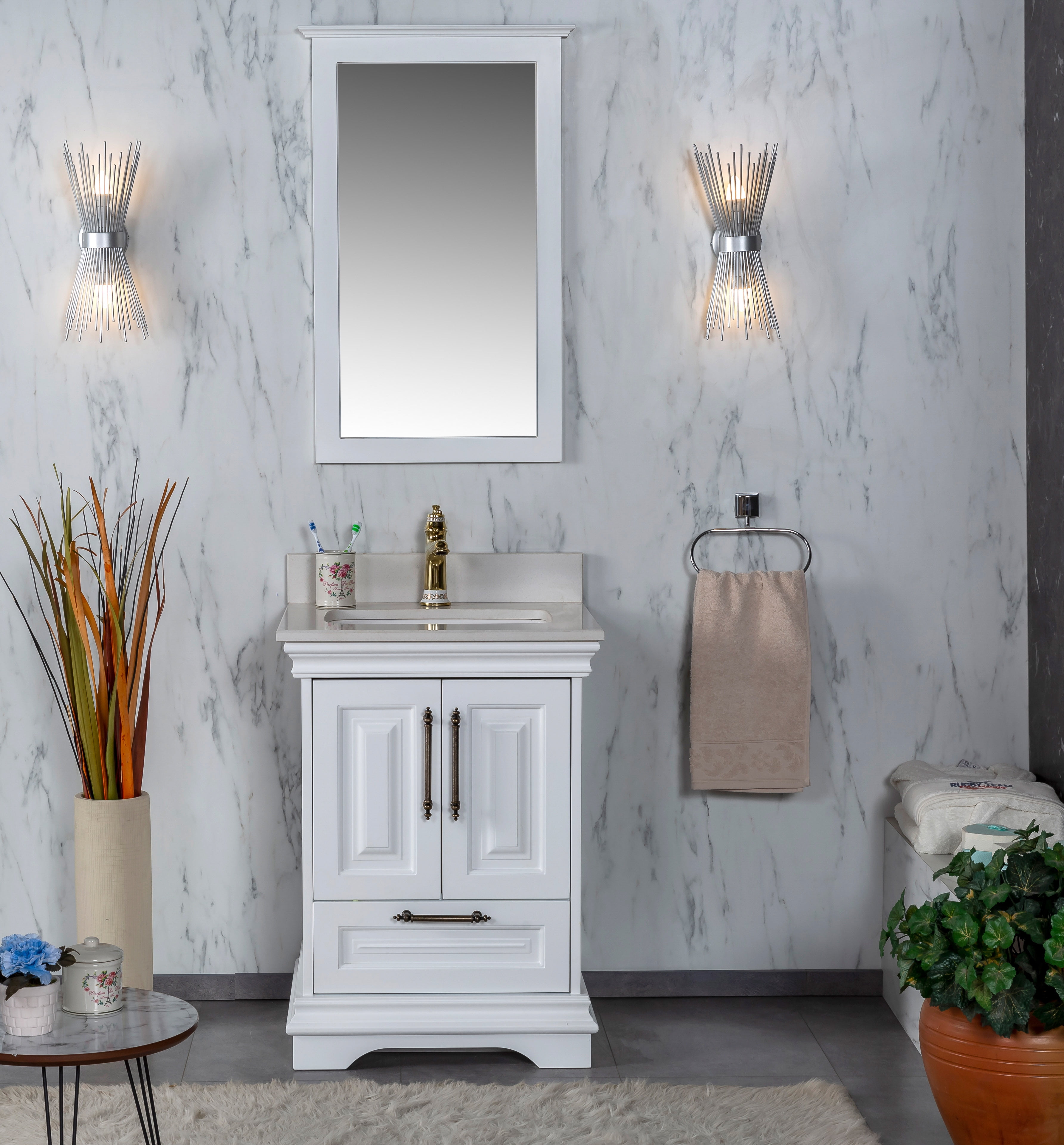 Romana Collection 24'' White Bathroom Vanity with Quartz Countertop and ...