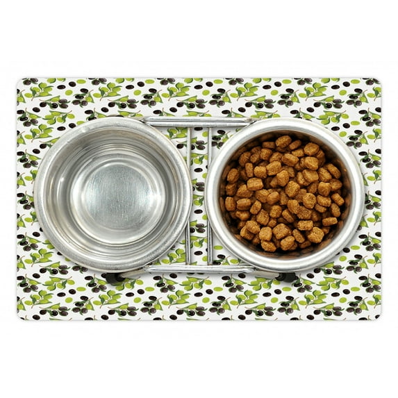 Italy Pet Mat for Food and Water, Black and Green Olives on Branches with Foliage Designed on Plain Backdrop, Non-Slip Rubber Mat for Dogs and Cats, 18" X 12", by Ambesonne