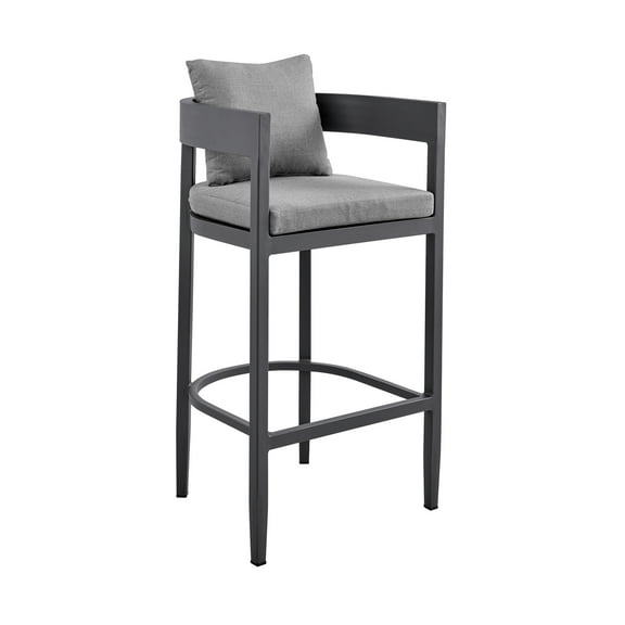 Armen Living Menorca Outdoor Patio Counter Height Bar Stool in Aluminum with Grey Cushions