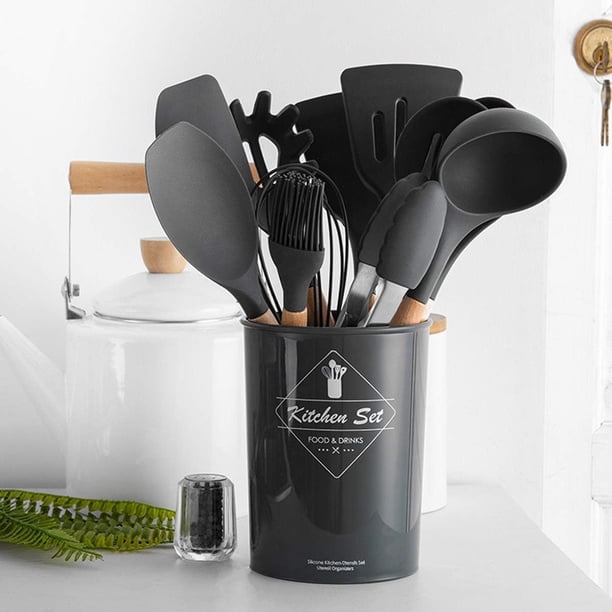 Ensemble d'ustensiles de cuisine en silicone - DYGSWIN - 11 pièces avec manche en bois - Rose - Maison