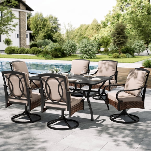 Sophia&William 7Pcs Outdoor Patio Dining Set Metal Table and Swivel Wicker Rattan Chairs Furntiure Set with Beige Cushions for 6
