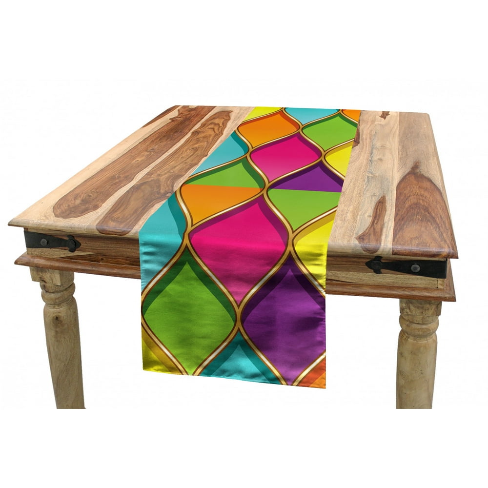 Geometric Table Runner, Vivid Colored Stained Glass Style Pattern Wavy Lines Curves Oval Shapes