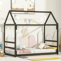Twin House Bed with Canopy, Montessori Floor Bed Frame Metal Platform Tent Bed for Bedroom Playroom, Black