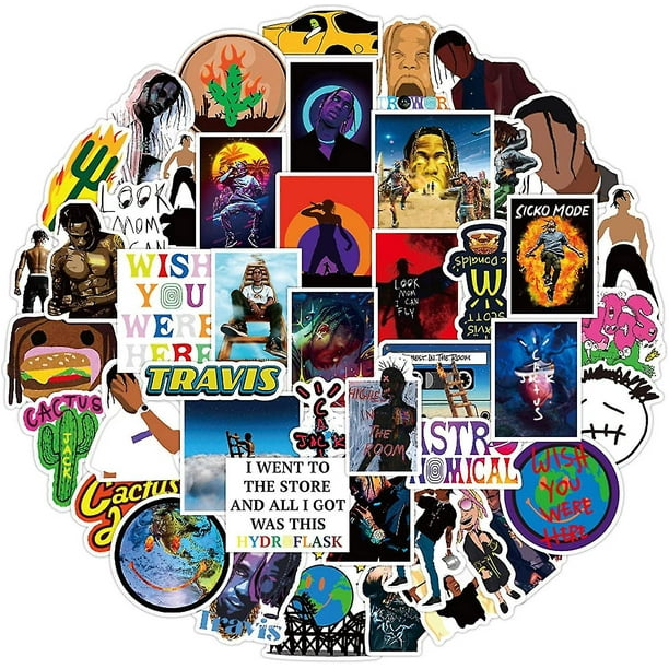 Travis Scott 50pcsPegatinas de vinilo de rapero Cool, 50 Uds., pegatinas de cantante para ordenador portátil, botellas de agua, teléfono, monopatín, coche, bicicleta, motocicleta,