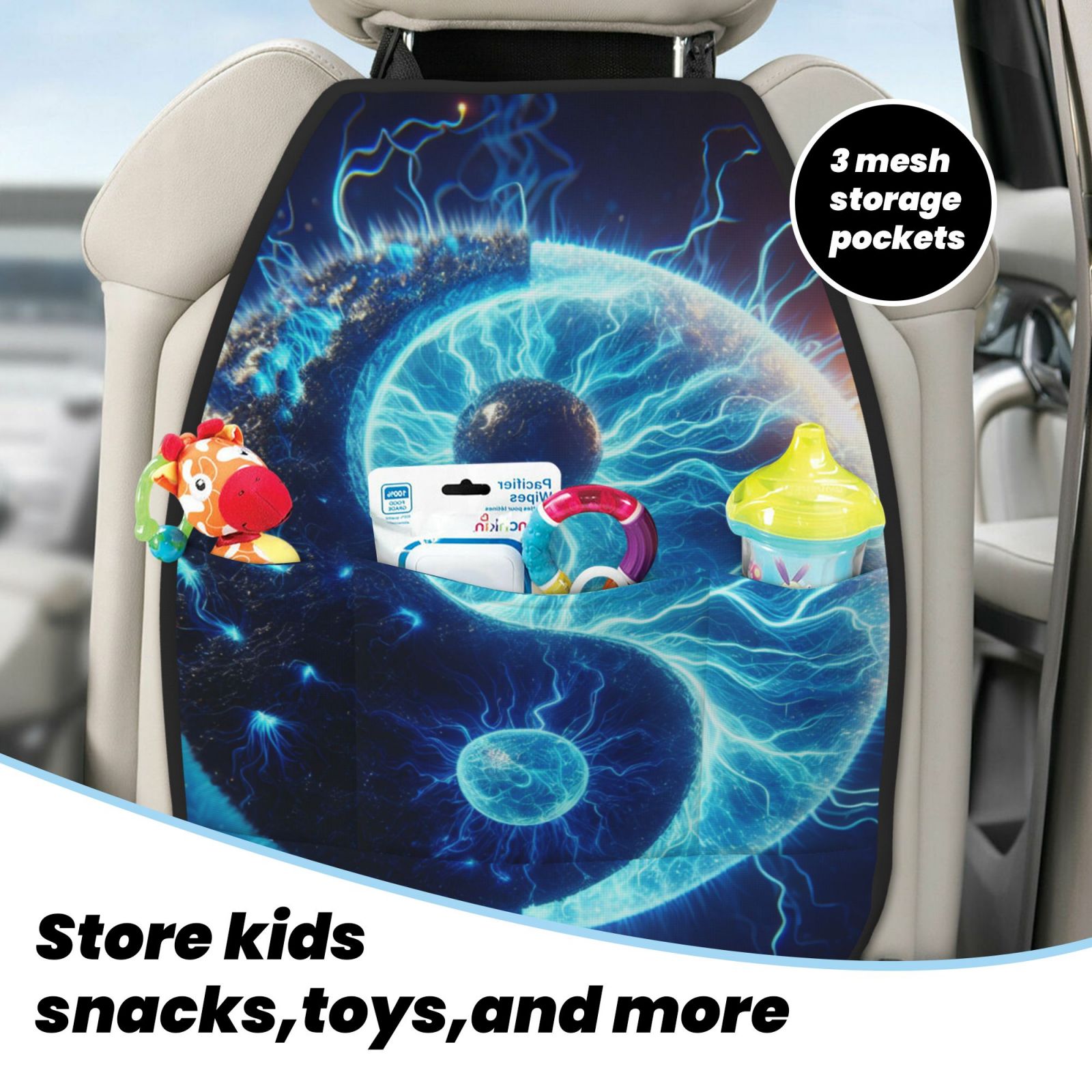 Xecao Blue Yin And Yang Pattern Car Seat Back Protector 2 Pack Large Capacity Pocket, Kick Mats Back Seat Protector