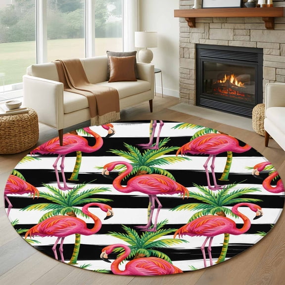 Round Rugs 5Ft, Striped Flamingo Round Area Rug Washable Indoor Throw Carpet, Pink Birds Green Palm Leaf Black White Soft Non Slip Circle Rug for Cabinet Bathroom Home Decor Aesthetic