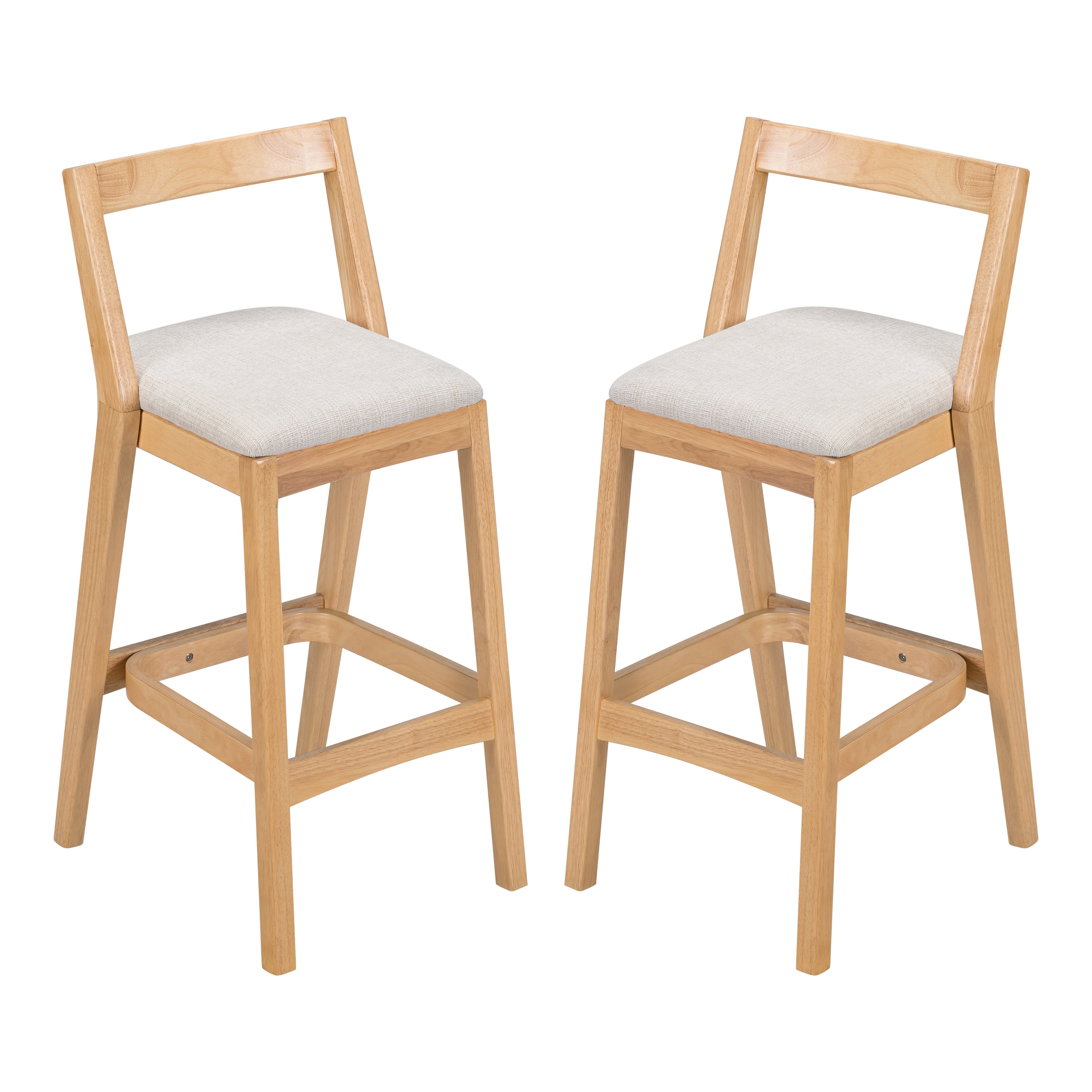 Counter Height Bar Stools, Rubberwood Stools with Beige Polyester Fabric Seat and Natural Wood Finish, Rustic Dining Stools for Kitchen, Pub, Dining Room, Set of 2
