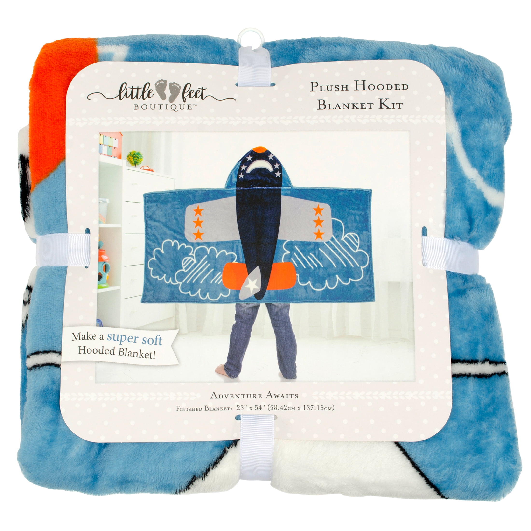 Little Feet Boutique Adventure Awaits Airplane Plush Hooded Blanket Kit