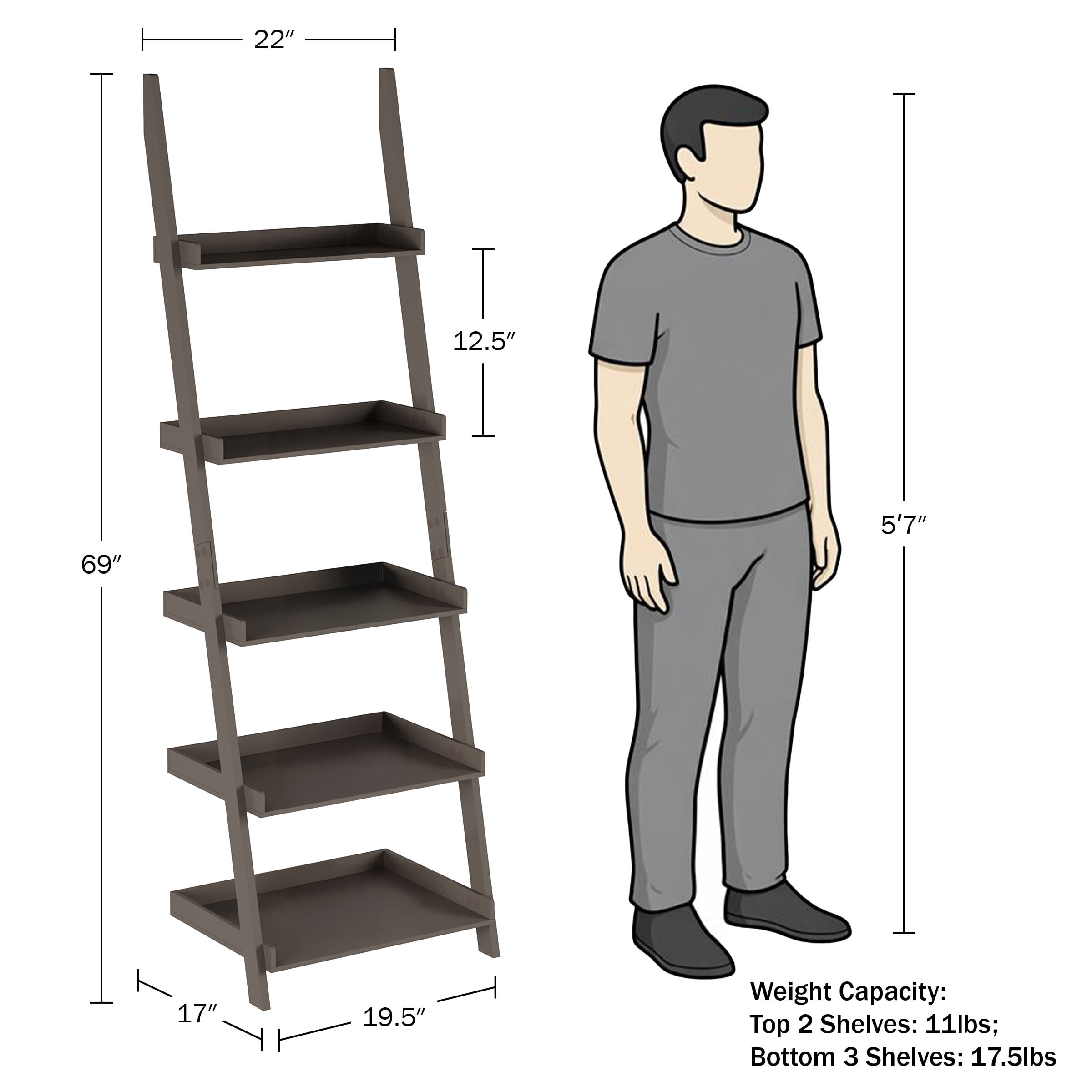 Lavish Home Bookshelf 5-Tier Ladder Shelf with Leaning Look, Bookcase for Home Decor and Office Storage, Gray