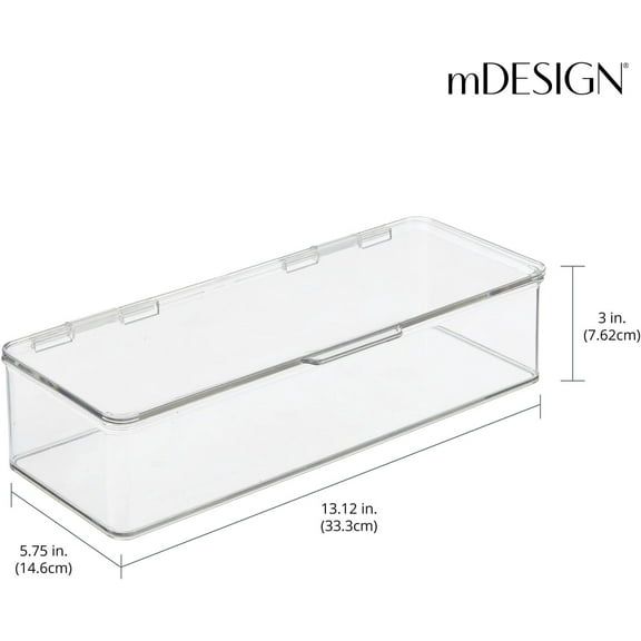 Long Plastic Storage Organizer Box with Hinge Lid, 2 Pack, Clear for Kitchen Pantry or Fridge
