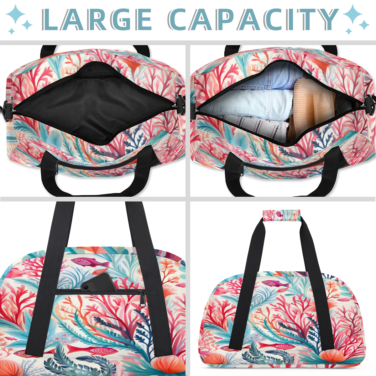 Herdesigns Sports Duffle Bags Travel Duffle Bag Gym Bag Red Pink Corals Ocean Fish Weekender Travel Bag Waterproof Overnight Bag Carry On Travel Tote Bag Dance Bags