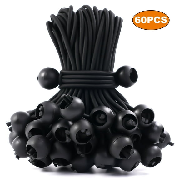 Bungee Cords with Balls, 60 Pcs Stretchable and Durable Ball Bungee Cords, 6 Inch Heavy Duty Tarp Bungee Cords, Multipurpose Bungee Balls for Camping Tents Setup, Cargo Securing, Black
