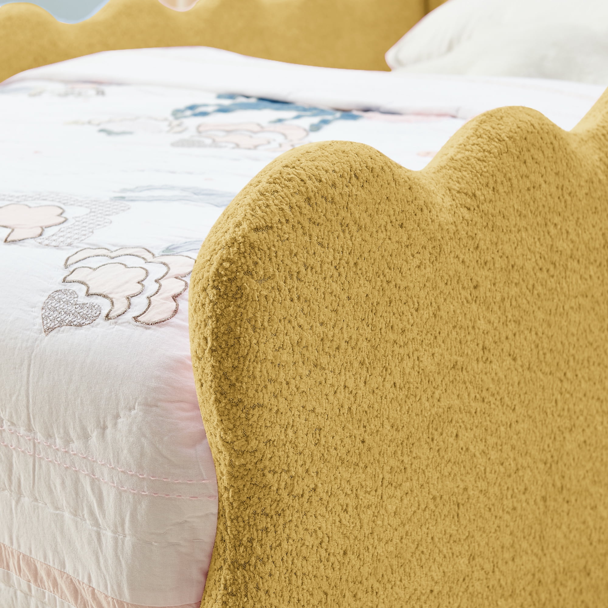 Avobird Twin Size Cute Dinosaur-Shaped Kids Bed with Safety Guardraild, Solid Wood Toddler Bed Frame for Children for Bedroom, Boucle Fabric, Yellow