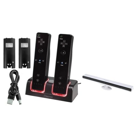 Insten BLACK 2-PORT CHARGER STATION STAND + 2-PACK BATTERY + WIRELESS SENSOR BAR FOR NINTENDO WII / WII U REMOTE CONTROL