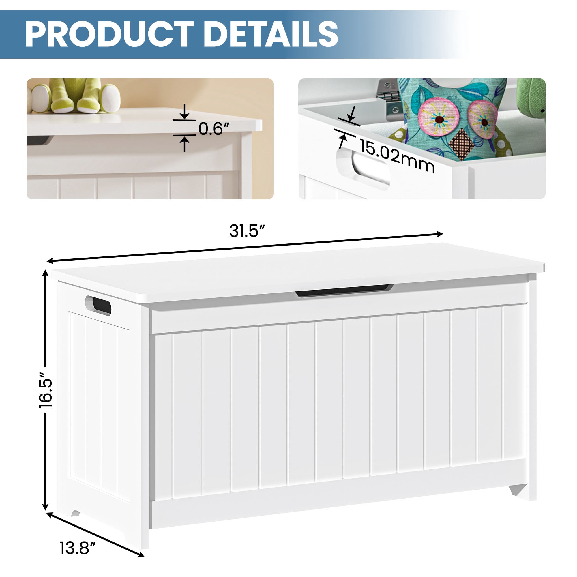 Kids Toy Box, White Wooden Toy Chest Organizer with Safety Hinged Lid, Entryway Storage Bench Supports 100 lbs, Toy Storage Chest for Bedroom, Toddler Room