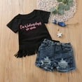 thumbnail image 2 of Coerni Toddler Baby Girl Summer Outfits Short Sleeve Letter Shirts Ripped Denim Shorts Pants Set Casual Clothes 6 Years, 2 of 6